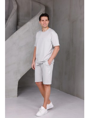 Dark Moda Erkek Garnili Şeritli Oversize Alt-Üst 2 Iki Iplik Kompakt Şort Takımı