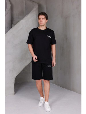 Dark Moda Erkek Baskılı Oversize Alt-Üst 2 Iki Iplik Kompakt Şort Takımı