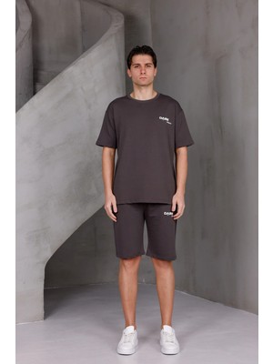 Dark Moda Erkek Baskılı Oversize Alt-Üst 2 Iki Iplik Kompakt Şort Takımı