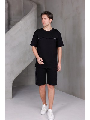 Dark Moda Erkek Garnili Şeritli Oversize Alt-Üst 2 Iki Iplik Kompakt Şort Takımı