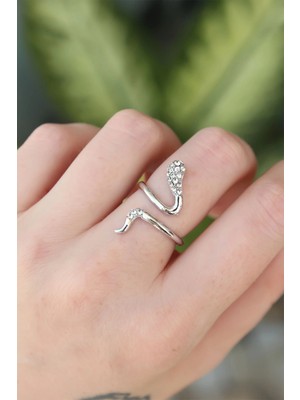 Bucuks Mey Ithalat® Pirinç Gümüş Renk Ayarlanabilir Zirkon Taşlı Yılan Yüzük