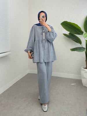 Moda Morfo Önü Bağlamalı Parçalı Kolu Lastikli Takım  -Buz Mavi