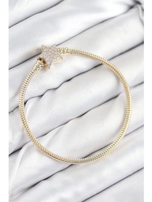 Bucuks Mey Ithalat® Pirinç Charm Zirkon Taşlı Yıldız Model Gold Renk Kadın Bileklik