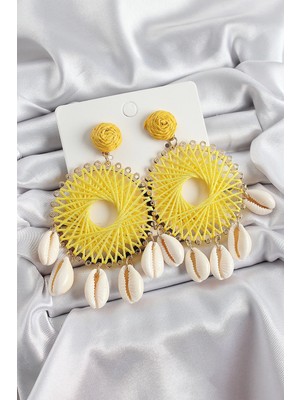 Bucuks Mey Ithalat® Sarı Hasır Örgü Sarmal Model Sallantılı Deniz Kabuğu Detaylı Gold Renk Kadın Küpe