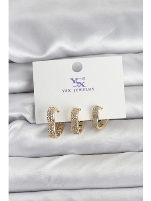 Bucuks Mey Ithalat® Gold Renk Pirinç Zirkon Taşlı Kalpli Kadın Küpe