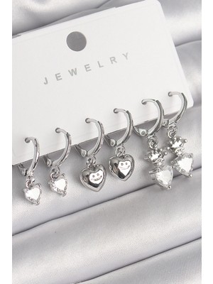 Bucuks Mey Ithalat® Pirinç Gümüş Renk Sallantı Zirkon Taşlı Kalp Model Taç Detay Kadın Küpe Seti