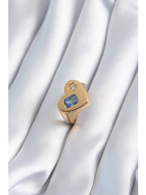 Bucuks Mey Ithalat® Pirinç Gold Renk Kalp Model Zirkon Taş Yıldız Detay Kadın Yüzük