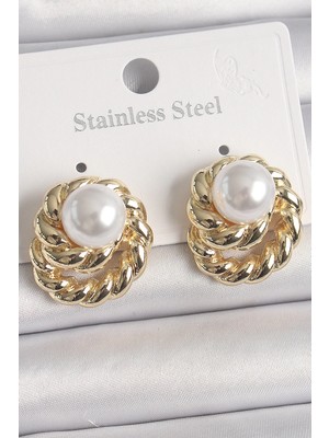 Bucuks Mey Ithalat® Pirinç Gold Renk Incili Sarmal Burgu Model Kadın Küpe