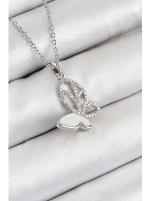 Bucuks Mey Ithalat® 316L Çelik Zirkon Taşlı Kelebek Model Gümüş Renk Kadın Kolye