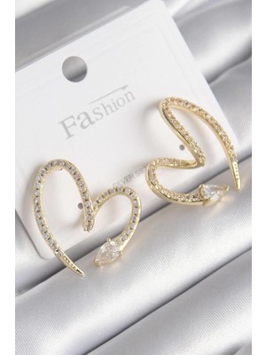 Bucuks Mey Ithalat® Pirinç Gold Renk Zirkon Taşlı Yılan Kalp Model Kadın Küpe