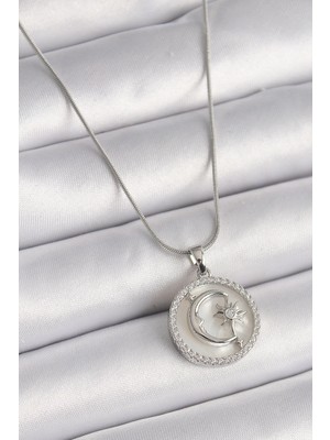 Bucuks Mey Ithalat® 316L Çelik Gümüş Renk Zincir Zirkon Taş Detaylı Beyaz Sedefli Ay Yıldız Işleme Kadın Kolye