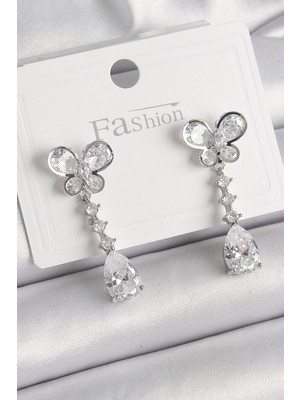 Bucuks Mey Ithalat® Pirinç Gümüş Renk Kelebek Model Sallantı Damla Zirkon Taşlı Kadın Küpe