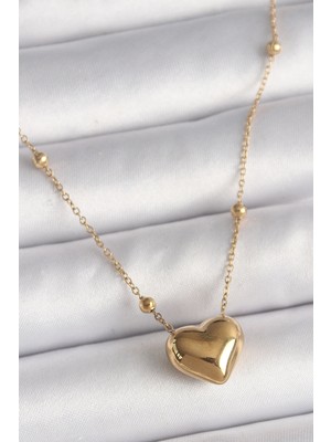 Bucuks Mey Ithalat® 316L Çelik Gold Renk Topçuk Detaylı Zincir Kalp Model Kadın Kolye