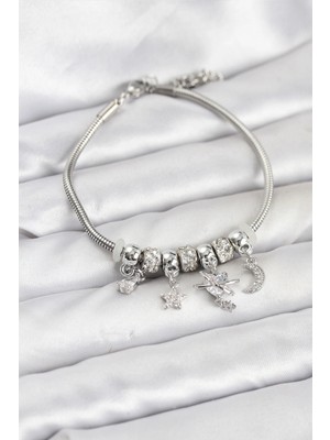 Bucuks Mey Ithalat® Pirinç Gümüş Renk Kalpli Model Charmlı Kadın Bileklik