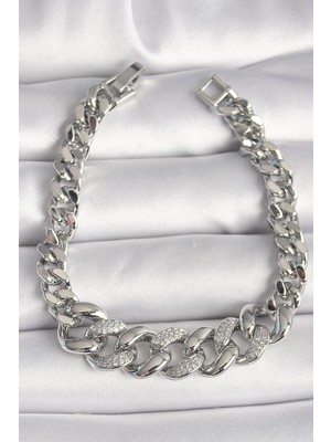 Bucuks Mey Ithalat® Pirinç Gümüş Renk Zirkon Taşlı Kalın Halka Model Kadın Bileklik