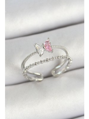 Bucuks Mey Ithalat® Pirinç Kelebek Figürlü Zirkon Taşlı Gümüş Renk Ayarlanabilir Kadın Yüzük