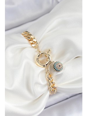 Bucuks Mey Ithalat® Pirinç Nazar Model Zirkon Taşlı Gold Renk Vip Seri Kadın Bileklik