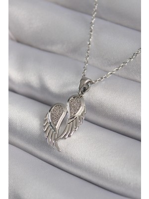 Bucuks Mey Ithalat® 316L Çelik Gümüş Renk Zirkon Taşlı Kanat Model Kadın Kolye