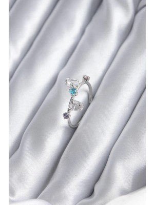 Bucuks Mey Ithalat® Gümüş Renk Renkli Zirkon Taşlı Kadın Yüzük