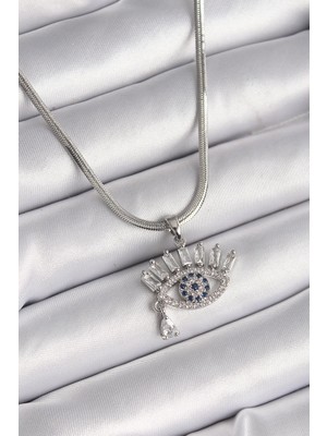 Bucuks Mey Ithalat® 316L Çelik Gümüş Renk Italyan Zincir Zirkon Taşlı Göz Model Kadın Kolye