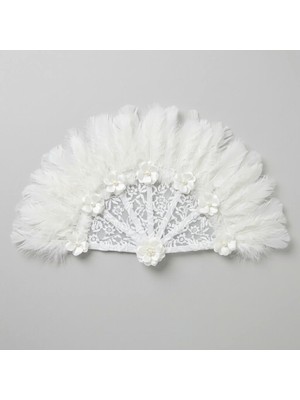 Ceyyiz Beyaz Lüks Tüylü Yelpaze - Incili Çiçek ve Dantel Detaylı Kına, Nişan ve Gelin Aksesuarı