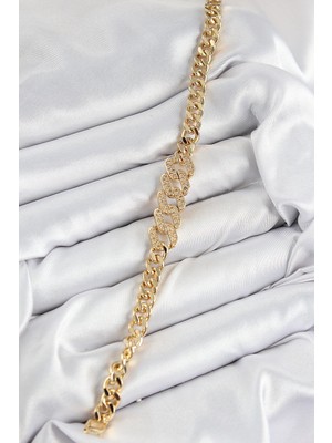 Bucuks Mey Ithalat® Pirinç Zirkon Taşlı Ezme Küba Zincir Model Gold Renk Kadın Bileklik