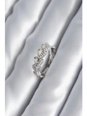Bucuks Mey Ithalat® Pirinç Gümüş Renk Kalp Model Inci Detay Kadın Yüzük