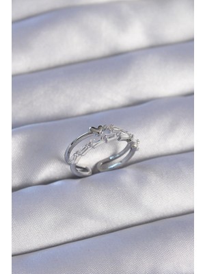 Bucuks Mey Ithalat® Pirinç Gümüş Renk Zirkon Taşlı Kalpli 2li Görünüm Ayarlanabilir Yüzük