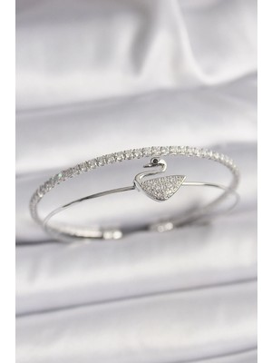 Bucuks Mey Ithalat® Pirinç Gümüş Renk Zirkon Taşlı Kuğu Model Kadın Bileklik