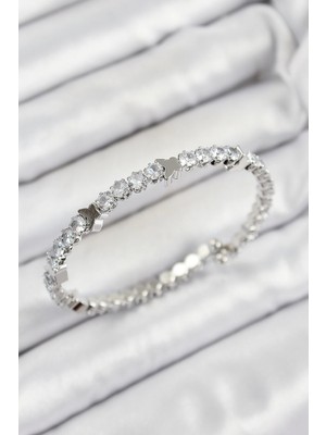 Bucuks Mey Ithalat® Pirinç Zirkon Taşlı Kalp Model Gümüş Renk Yaylı Kadın Bileklik