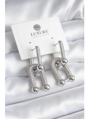 Bucuks Mey Ithalat® Pirinç Gümüş Renk Zirkon Taşlı Model Vıp Seri Kadın Küpe