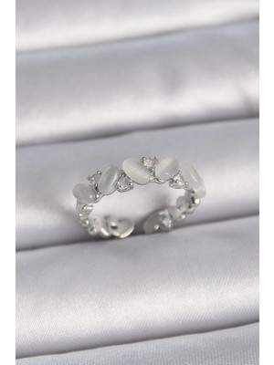 Bucuks Mey Ithalat® Pirinç Gümüş Renk Ayarlanabilir Zirkon Taşlı Beyaz Mineli Model Kadın Yüzük