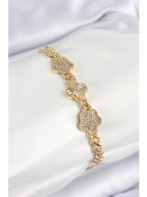 Bucuks Mey Ithalat® Pirinç Zirkon Taşlı Yonca Model Gold Renk Kadın Bileklik