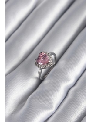 Bucuks Mey Ithalat® Pirinç Gümüş Renk Pembe Zirkon Taş Kalp Charm Model Kadın Yüzük