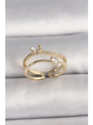 Bucuks Mey Ithalat® Pirinç Gold Renk Zirkon Taş Detaylı Kelebek Figür Ayarlanabilir Yüzük