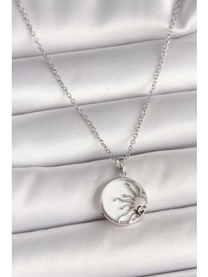 Bucuks Mey Ithalat® 316L Çelik Gümüş Renk Zincir Beyaz Mineli Gün Batımı Model Kadın Kolye