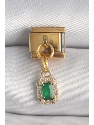 Bucuks Mey Ithalat® 316L Çelik Gold Renk Sallantı Kare Yeşil Zirkon Taşlı Nomination Charm