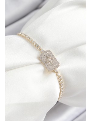 Bucuks Mey Ithalat® Pirinç Zirkon Taşlı Kutup Yıldızı Model Gold Renk Asansörlü Kadın Bileklik