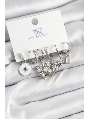 Bucuks Mey Ithalat® Pirinç Zirkon Taşlı Kelebek ve Yıldız Model Gümüş Renk 3'lü Çift Kadın Küpe