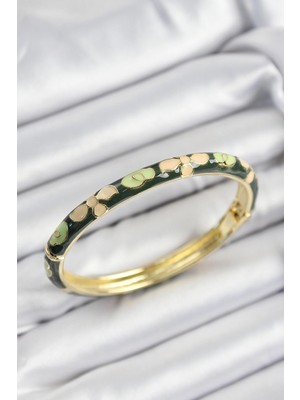 Bucuks Mey Ithalat® Mineli Pirinç Krem ve Yeşil Çiçek Motifli Gold Renk Kadın Kelepçe