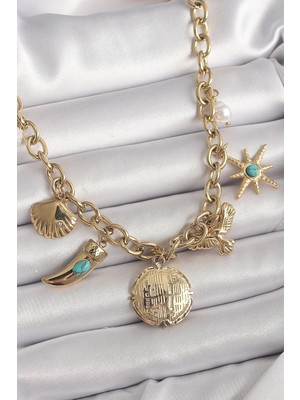 Bucuks Mey Ithalat® 316L Çelik Gold Renk Zincir Sallantılı Çoklu Figür Model Kadın Kolye