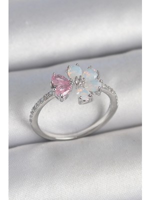 Bucuks Mey Ithalat® Pirinç Gümüş Renk Beyaz Mineli Pembe Zirkon Taşlı Çiçek Model Kadın Yüzük