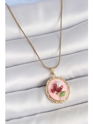 Bucuks Mey Ithalat® 316L Çelik Gold Renk Zincir Pembe Mineli Incili Çiçek Işlemeli Portre Model Kadın Kolye
