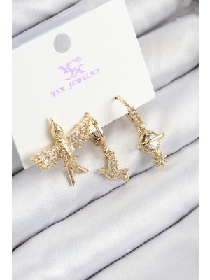 Bucuks Mey Ithalat® Pirinç Zirkon Taşlı 3'lü Kuş Model Gold Renk Kadın Küpe