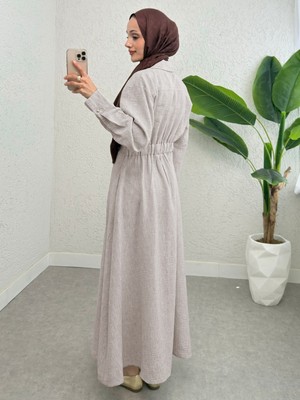 Modamorfo Yarım Düğmeli Beli Lastikli Keten Elbise  -Taş