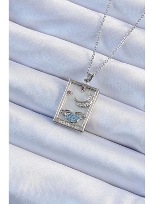Bucuks Mey Ithalat® 316L Çelik Zincir Gümüş Renk Zirkon Taşlı Ay Figürlü Tarot Kolye