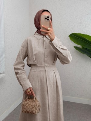 Modamorfo Yarım Düğmeli Beli Lastikli Keten Elbise  -Bej