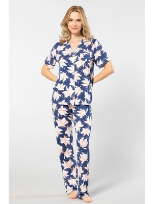 Türen Yaprak Desenli Kisa Kollu Gömlek Yaka Pijama Takimi 3355/LACIVERT