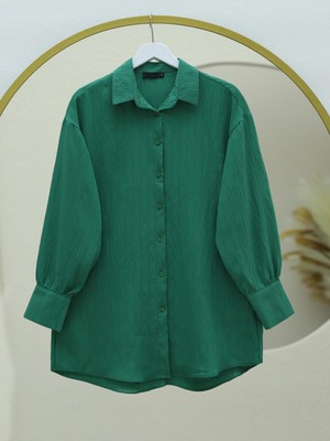 Modamorfo Klasik Yaka Boydan Düğmeli Oval Kesim Gömlek -Yeşil