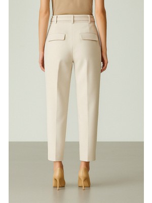 Modamorfo Beli Kemerli Çift Cepli Pantolon  -Bej